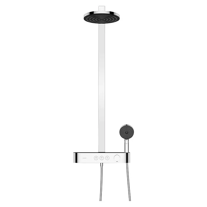 Hansgrohe Pulsify S Sistema de ducha 260 - Con grifería termostática, Distancia entre orificios: 105 cm, Número de tipos de chorro: 3 ud., Cromo - Moderno sistema de ducha Hansgrohe con ducha fija y teleducha en un diseño elegante para una experiencia de ducha lujosa.