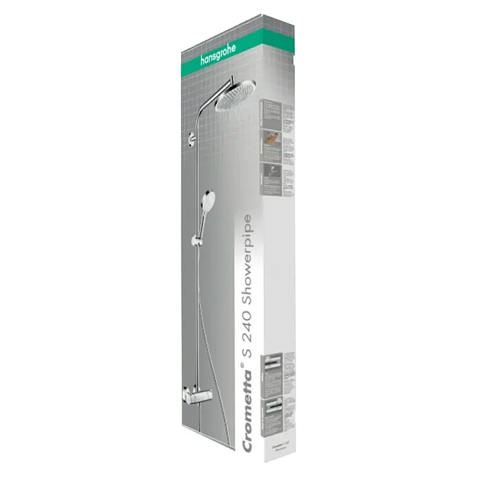 Hansgrohe Crometta Duschsystem S 240 Eco - Mit Thermostatarmatur, Lochabstand: 103,4 cm, Anzahl Strahlarten: 2 Stk., Chrom - Die Abbildung zeigt die Verpackung einer Hansgrohe Crometta S 240 Showerpipe, einer Duschgarnitur mit Kopf- und Handbrause.