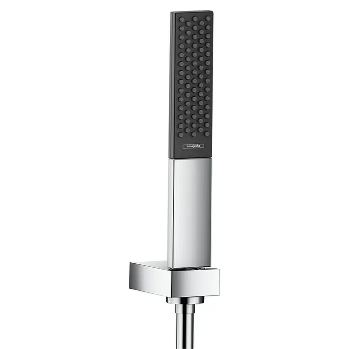Hansgrohe Rainfinity Brause-Set 100 - Anzahl Strahlarten: 1 Stk., Chrom, Länge Brauseschlauch: 125 cm - Abbildung einer modernen, quadratischen Handbrause von Hansgrohe in Chrom und Schwarz. Das elegante Design ist ein echter Hingucker im Bad.