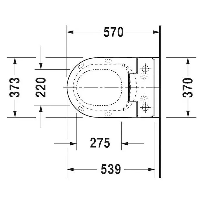 Duravit ME by Starck Wand-WC Typ 2 - Spülrandlos, Ohne Spezialglasur, Spülform: Tief, WC Abgang: Waagerecht, Weiß - Technische Zeichnung einer Toilette mit den Maßen 570 x 373 mm. Ein detaillierter Plan für Badgestaltung.