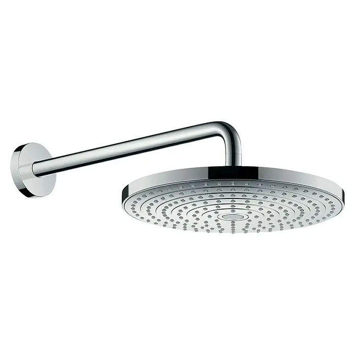 Hansgrohe Raindance Select S Rociador de ducha - Diámetro: 30 cm, 17 l/min, Montaje en la pared, Plata - Un rociador de techo Raindance Rainfall 180 cromado de Hansgrohe con brazo de pared y cabezal de ducha circular.