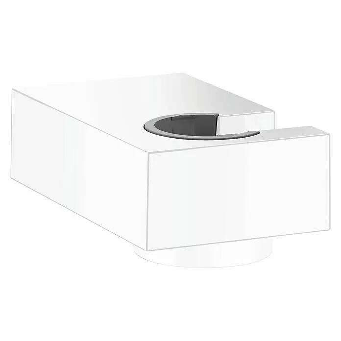 Hansgrohe Brausehalter Porter E - Metall, Weiß - Weißer rechteckiger Block mit einer grauen C-förmigen Aussparung oben, wahrscheinlich zur Kabel- oder Rohrhalterung.