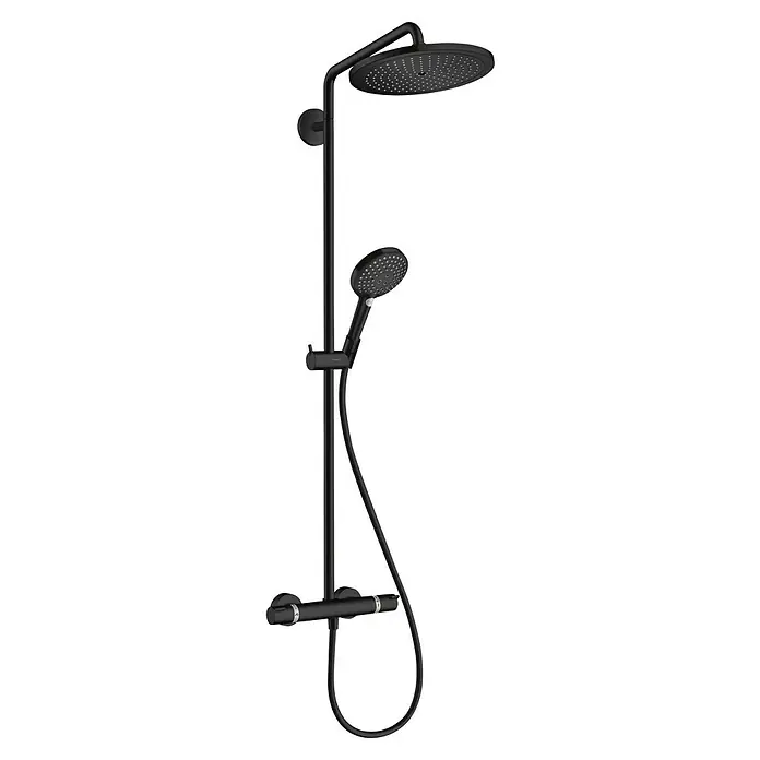 Hansgrohe Croma Select S Duschsystem Showerpipe 280 Eco - Durchflussmenge: 9 l/min, Anzahl Strahlarten: 3 Stk., Schwarz - Eine moderne, mattschwarze Duschgarnitur mit Kopf- und Handbrause für ein stilvolles Badezimmererlebnis.