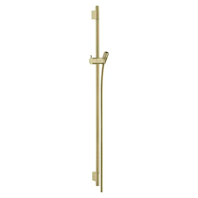 Hansgrohe Brausestange Unica S Puro - Höhe: 100,8 cm, Brushed Bronze - Nahaufnahme einer Duschstange mit Handbrause in gebürstetem Gold-Look für moderne Badezimmer.