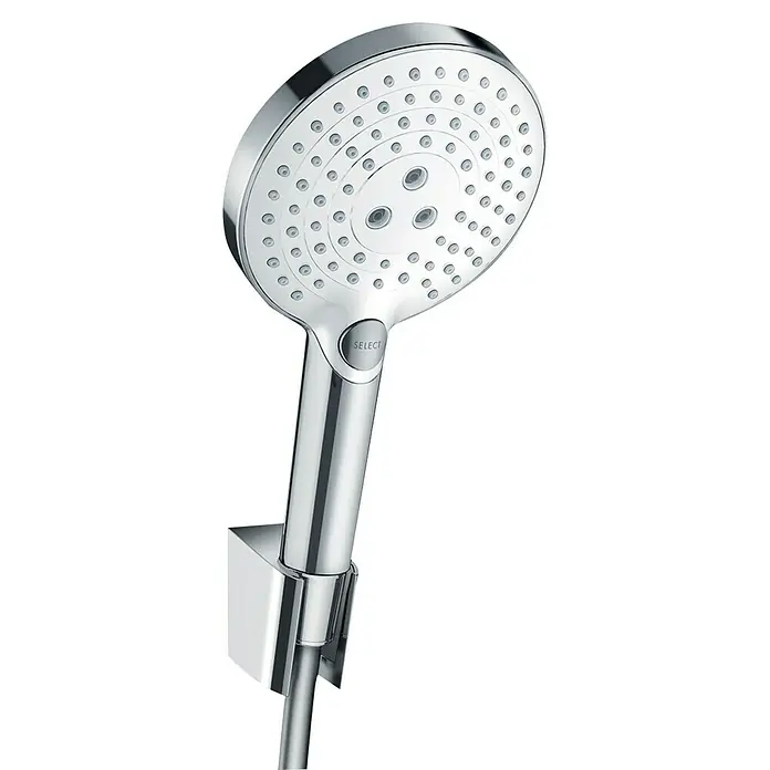 Hansgrohe Brause-Set Raindance Select S 120 - Anzahl Strahlarten: 3 Stk., Chrom/Weiß, Durchflussmenge: 15 l/min - Moderne Handbrause mit Chromoberfläche und mehreren Strahlarten. Elegantes Design für ein luxuriöses Duscherlebnis.