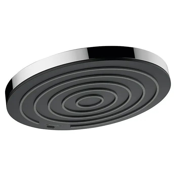 Hansgrohe Pulsify S Kopfbrause 260 1Jet - Durchmesser: 26 cm, 12,3 l/min, Chrom - Nahaufnahme eines kreisförmigen Hansgrohe Duschkopfes mit konzentrischen Rillen und einer glänzenden Oberfläche.