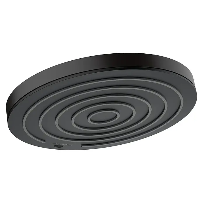 Hansgrohe Pulsify S Kopfbrause 260 1Jet - Durchmesser: 26 cm, 12,3 l/min, Schwarz - Diese Nahaufnahme zeigt einen runden, mattschwarzen Hansgrohe Duschkopf mit einem modernen konzentrischen Design. Ideal für ein luxuriöses Duscherlebnis.