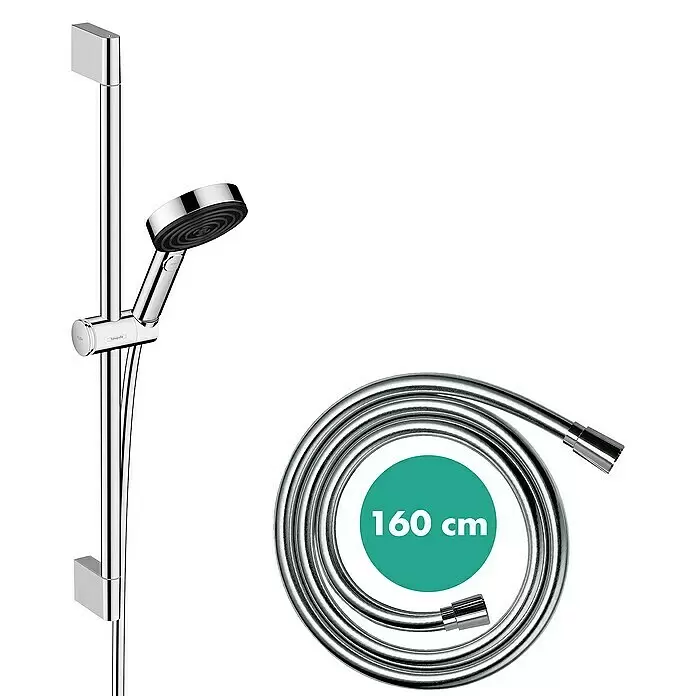 Hansgrohe Pulsify Select S Brausegarnitur 105 - Lochabstand: 62,5 cm, Art Strahl: PowderRain, IntenseRain, Massagestrahl, Chrom - Verchromtes Duschset: verstellbare Handbrause an Stange und 160 cm flexibler Schlauch.