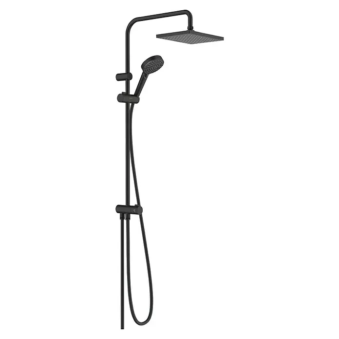 Hansgrohe Duschsystem 230 Reno - Anzahl Strahlarten: 1 Stk. - Das Bild zeigt eine moderne, mattschwarze Duschgarnitur mit quadratischem Kopf und Handbrause, die Eleganz und Funktionalität vereint.