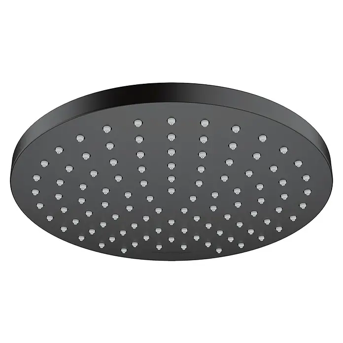 Hansgrohe Vernis Blend Kopfbrause 200 - Durchmesser: 20,5 cm, 6,5 l/min, Anzahl Funktionen: 1 Stk., Schwarz - Nahaufnahme eines mattschwarzen Duschkopfes mit vielen kleinen Wasserdüsen für ein entspannendes Duscherlebnis.
