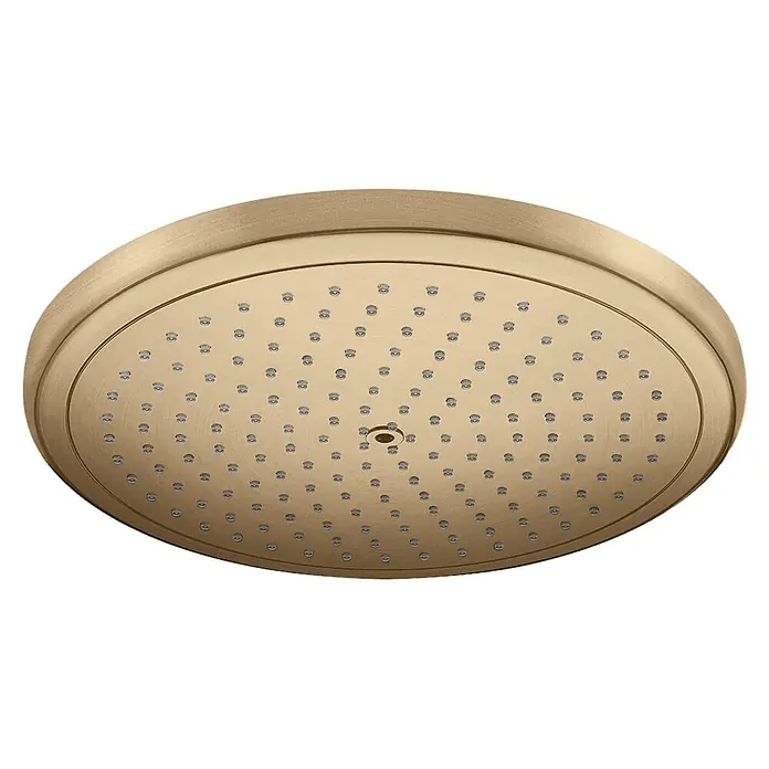 Hansgrohe Croma Kopfbrause 280 Air Eco - Durchmesser: 28 cm, 15 l/min, Anzahl Funktionen: 1 Stk., Bronze - Nahaufnahme eines runden Duschkopfs in gebürstetem Gold mit vielen kleinen Wasserdüsen auf einer schwarzen Oberfläche.