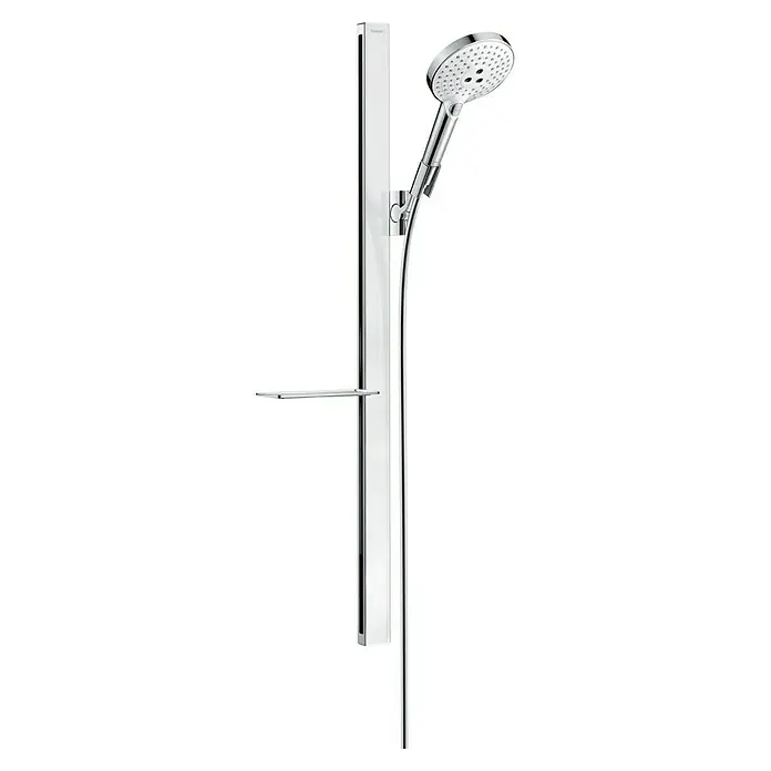 Hansgrohe Raindance Select S Brausegarnitur 120 - Lochabstand: 91,5 cm, Art Strahl: Rain, RainAir, Whirl, Chrom/Weiß, Ablage - Duschstangenset mit Handbrause und Ablage. Das Set zeichnet sich durch sein modernes Design und seine hohe Funktionalität im Badezimmer aus.