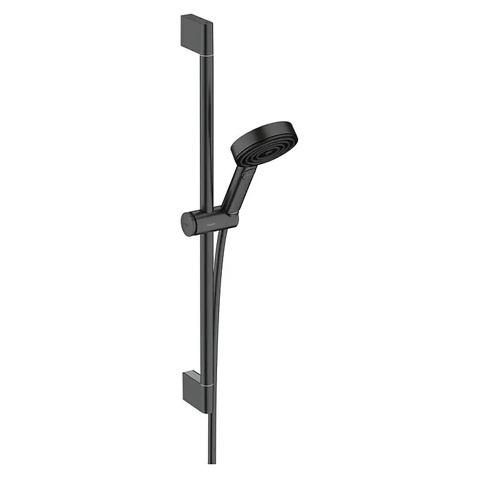 Hansgrohe Pulsify Select S Brausegarnitur 105 - Lochabstand: 62,5 cm, Art Strahl: PowderRain, IntenseRain, Massagestrahl, Schwarz, Wassersparfunktion - Schwarz matter Duschkopf mit Stange. Das moderne Design und die matte Oberfläche machen diese Duschgarnitur zu einem echten Hingucker im Badezimmer.