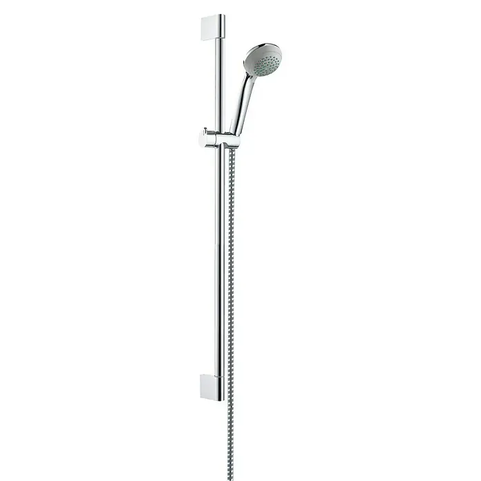 Hansgrohe Crometta 85 Brausegarnitur Mono Green - Lochabstand: 62,5 cm, Art Strahl: Normalstrahl, Chrom - Diese Abbildung zeigt ein Duschstangenset, das eine verstellbare Duschstange und einen Handbrausekopf für ein komfortables Duscherlebnis umfasst.