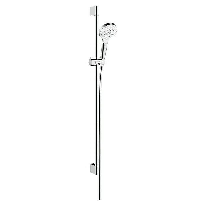 Hansgrohe Crometta Brausegarnitur 100 - Lochabstand: 91,5 cm, Art Strahl: Rain, Chrom, Wassersparfunktion - Duschstangenset mit Handbrause. Das Set besteht aus einer verchromten Duschstange und einer weißen Handbrause mit verschiedenen Strahlarten.