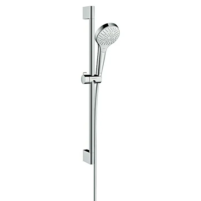 Hansgrohe Croma Select S Brausegarnitur 110 Multi - Lochabstand: 62,5 cm, Art Strahl: SoftRain, IntenseRain, Massagestrahl, Chrom/Weiß, Wassersparfunktion - Duschstange mit Handbrause. Die glänzende Chromoptik macht sie zu einem eleganten Blickfang im Badezimmer.