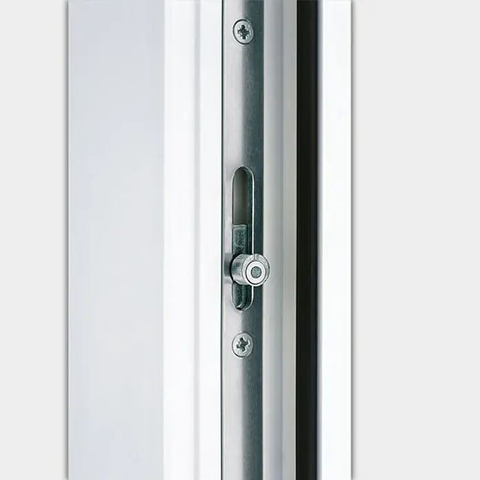 Solid Elements Mehrzwecktür KA-03 - 100 x 200 cm, DIN Anschlag: Rechts - Nahaufnahme eines Fenstergriffs aus Metall mit einer Drehfunktion zur Bedienung des Fensters, befestigt mit zwei Schrauben.