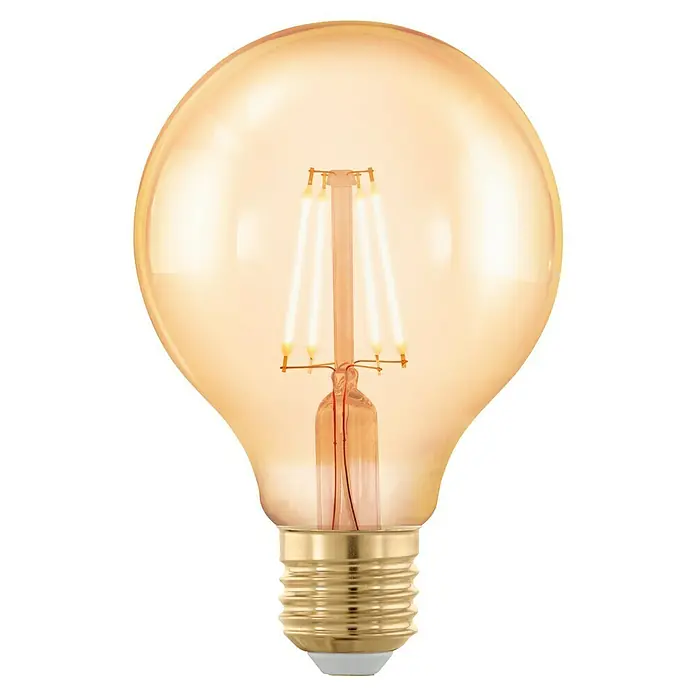 Eglo Bombilla LED GA - E27, Intensidad regulable, Amarillo, 320 lm, 4 W, Redonda - Primer plano de una bombilla Globe de color ámbar con filamentos LED que emiten una luz cálida y acogedora, ideal para iluminación ambiental.