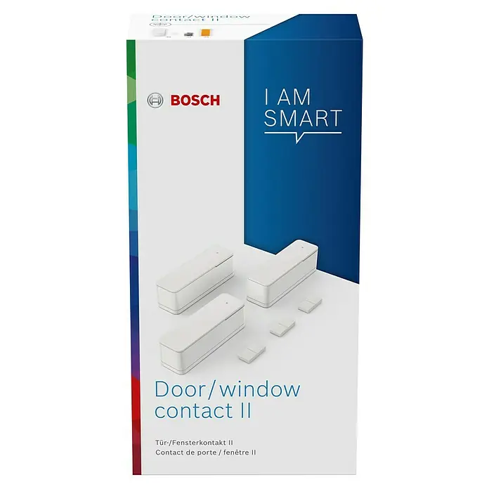 Bosch Smart Home Funk-Fensterkontakt II - Weiß, Batteriebetrieben, 23 x 22 x 75 mm, 3 Stk. - Abbildung der Verpackung für den Bosch Door/Window Contact II. Das Produkt dient zur intelligenten Überwachung von Türen und Fenstern.