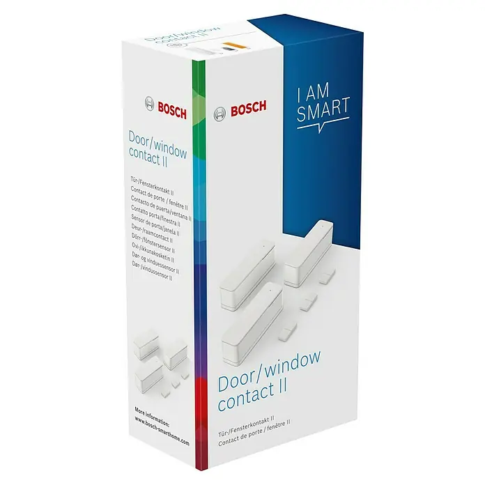 Bosch Smart Home Funk-Fensterkontakt II - Weiß, Batteriebetrieben, 23 x 22 x 75 mm, 3 Stk. - Produktverpackung für Bosch Tür-/Fensterkontakt II, ein intelligentes Sicherheitssystem für Ihr Zuhause.