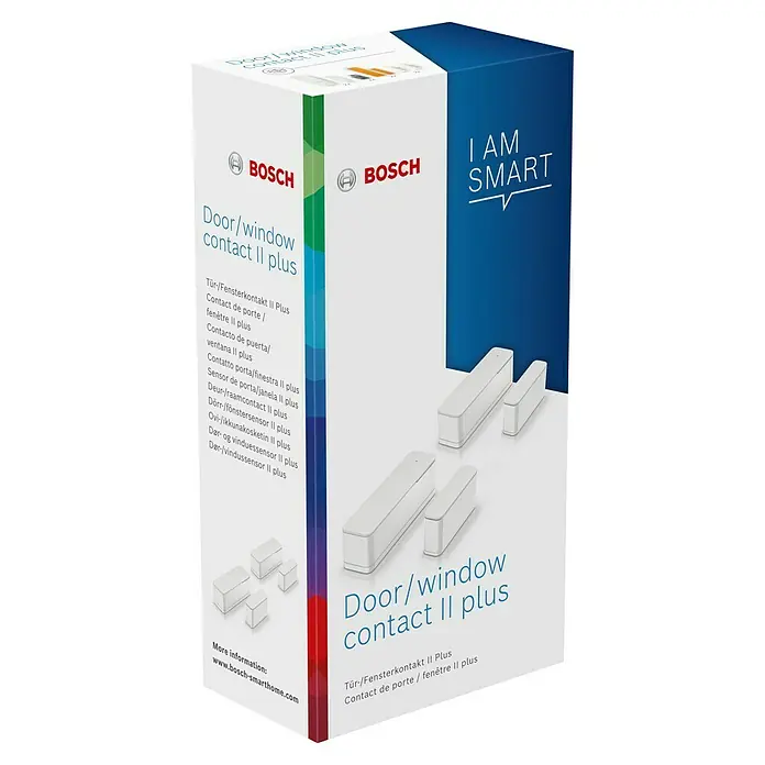 Bosch Smart Home Funk-Fensterkontakt II Plus - Weiß, Batteriebetrieben, 23 x 22 x 75 mm, 2 Stk. - Verpackung des Bosch Tür-/Fensterkontakts II Plus, einem smarten Sensor zur Überwachung von Türen und Fenstern für mehr Sicherheit im Haus.