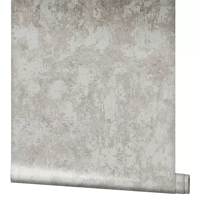 SCHÖNER WOHNEN-Kollektion Vliestapete Patina-Uni - Rosa, Betonoptik, 10,05 x 0,53 m - Teilweise abgerollte Rolle texturierter beige-grauer Tapete im Used-Look.