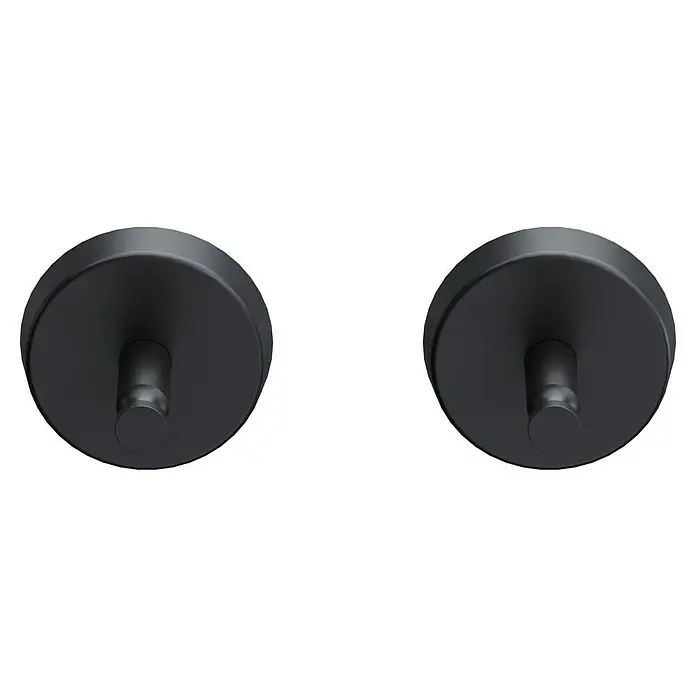 BAUHAUS Handtuchhaken Black - 2 Stk., Stahl, Pulverbeschichtet - Nahaufnahme von zwei runden, mattschwarzen Wandhaken mit zylindrischem Design und minimalistischer Ästhetik für die stilvolle Aufbewahrung.