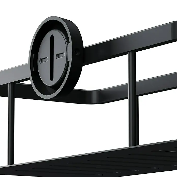 Camargue Paris Black Cesta de baño - Negro - Primer plano de una estantería de ducha negra, que muestra su innovador sistema de montaje redondo para una fácil fijación a la pared.