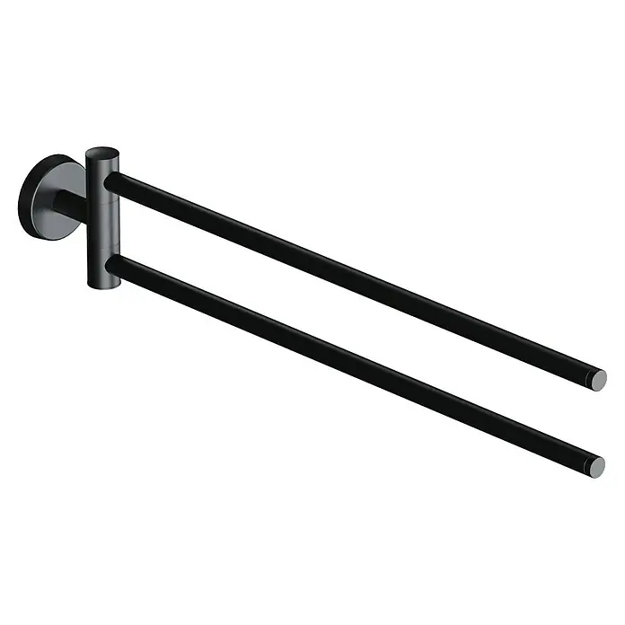 BAUHAUS Handtuchhalter Black - 2-armig, Stahl, Pulverbeschichtet - Nahaufnahme einer schwarzen, doppelten Handtuchstange mit einer runden Halterung, die an der Wand befestigt ist.