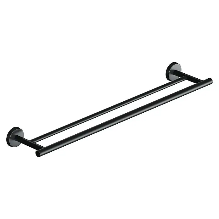 BAUHAUS Badetuchhalter Black - Breite: 70 cm, Stahl, Pulverbeschichtet - Abgebildete ist ein doppelter Handtuchhalter in Schwarz mit runden Wandbefestigungen, ideal für jedes Badezimmerdesign.