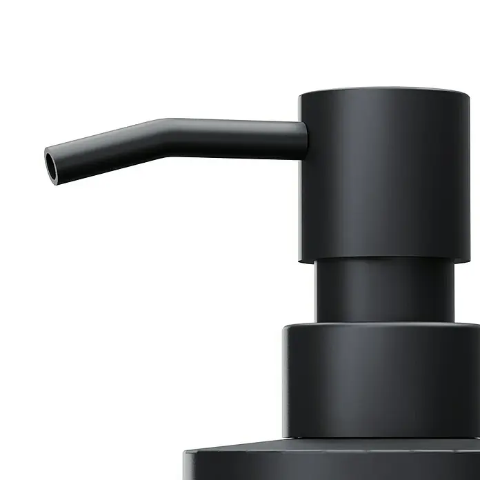 BAUHAUS Seifenspender Black - Stahl, Pulverbeschichtet - Nahaufnahme eines mattschwarzen Seifenspenders mit schlankem Auslauf und zylindrischem Design vor schwarzem Hintergrund.