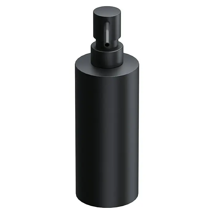 BAUHAUS Seifenspender Black - Stahl, Pulverbeschichtet - Abgebildete schwarze Seifenspenderflasche mit runder Pumpe. Der Spender ist schlicht, elegant und modern.