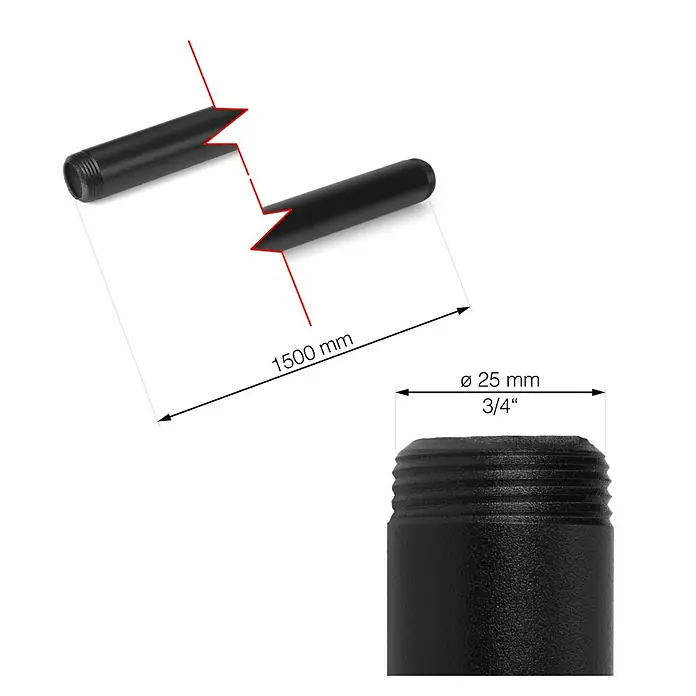 Walteco Rusticline Rohr Tube - Länge: 1.500 mm, Stahl, Schwarz - Produktabbildung eines schwarzen, teilbaren 1500 mm langen Stabs mit einem Durchmesser von 25 mm und 3/4" Gewinde für verschiedene Anwendungen.