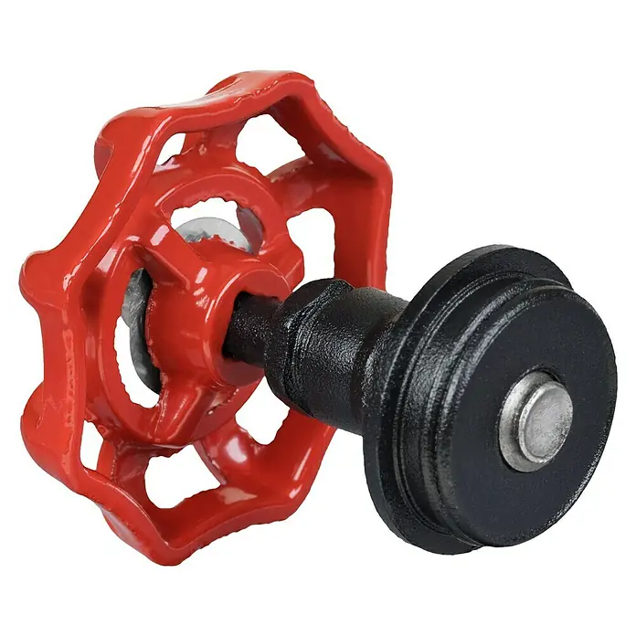 Walteco Rusticline Absperrventil Tube - Stahl, Silber - Nahaufnahme eines roten Handrads mit schwarzem Griff auf schwarzem Hintergrund.