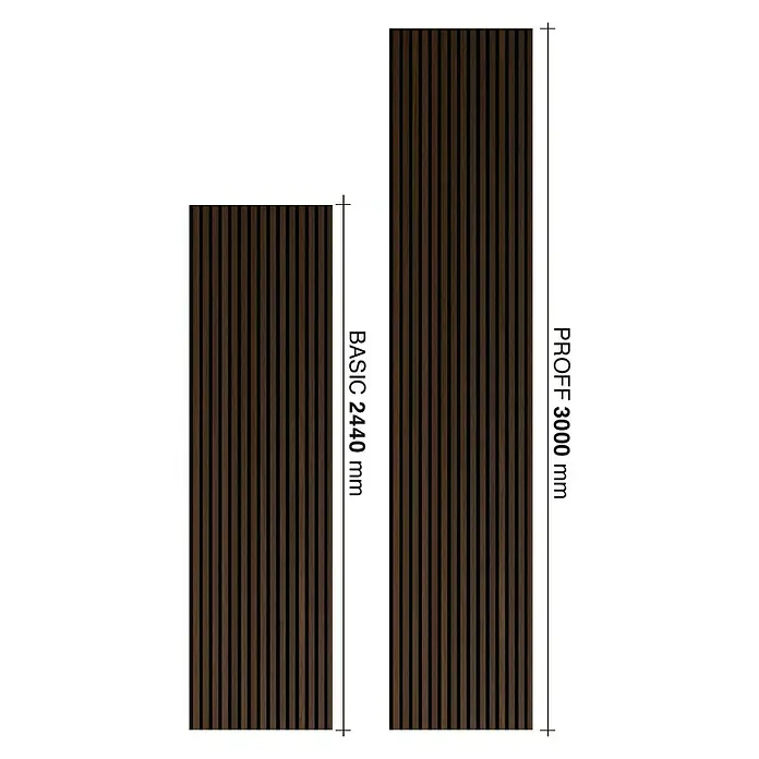 FibroTech Akustikpaneel Proff - Smoked Oak, L x B x S: 3.000 x 605 x 22 mm, 1 Stk., 1,82 m² - Produktdarstellung von zwei Holzpaneelen unterschiedlicher Länge, BASIC 2440 mm und PROFF 3000 mm, zur Wandgestaltung.