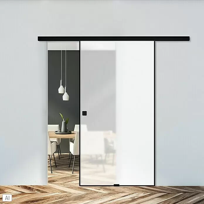 Diamond Doors Black Edition Schiebetür-Komplettset Edge - 935 x 2.058 mm, Milchglas - Schwarzgerahmte Milchglas-Schiebetür, teilweise geöffnet, trennt einen Raum von einem Essbereich.