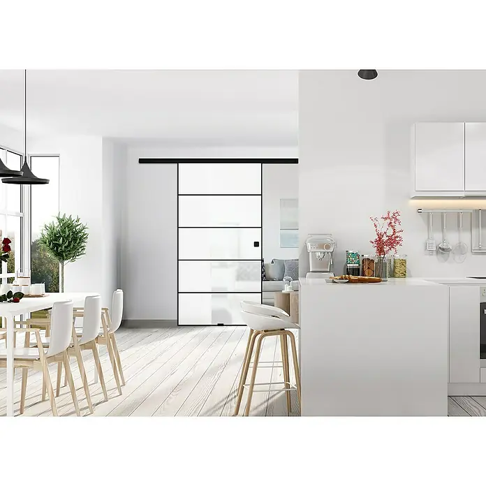 Diamond Doors Black Edition Schiebetür-Komplettset Lines - 935 x 2.058 mm, Milchglas - Schiebetür im modernen Interieur: Elegante Raumgestaltung mit einer stilvollen Schiebetür, die Funktionalität und Ästhetik vereint.