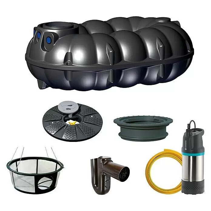 Rewatec Zisterne Neo Gartenanlage Basic - Gesamt Fassungsvermögen: 5.000 l, Schwarz - Set aus dunkelgrauen Komponenten für ein Regenwassernutzungssystem, inklusive Wellentank, Filter, Tauchpumpe und Schlauch.