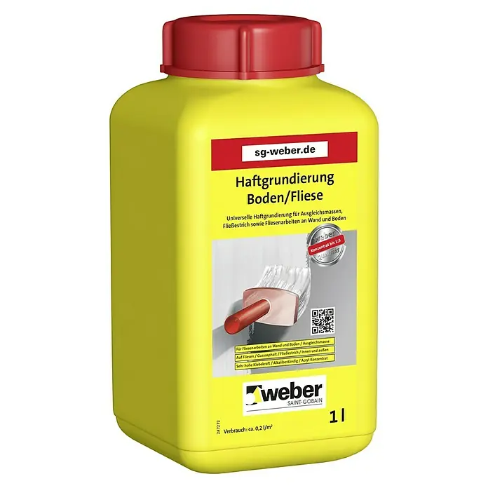 SG Weber Haftgrund Boden/Fliese - 1 l - Gelber Behälter Weber Haftgrundierung Boden/Fliese, universelle Grundierung für Wand- und Bodenfliesenarbeiten und Ausgleichsmassen.