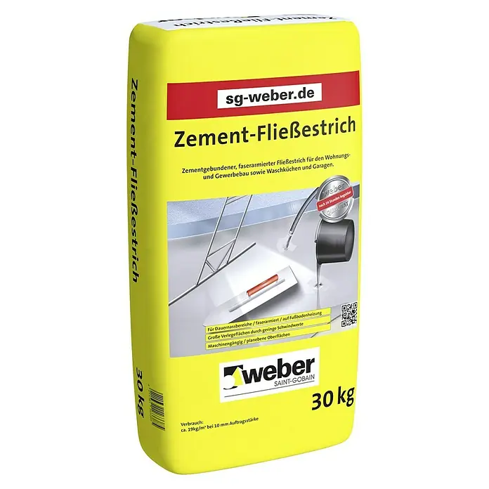 SG Weber Zement-Fließestrich - 30 kg - Abbildung eines 30 kg Sackes Zement-Fließestrich von Weber, einem zementgebundenen und faserarmierten Fließestrich für den Wohnungs- und Gewerbebau.