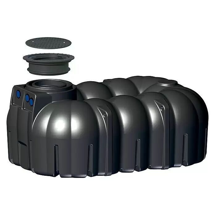 Rewatec Flachtank Neo - Gesamt Fassungsvermögen: 7.100 l, Schwarz, 250 mm hoher Domschacht - Dunkelgrauer Kunststoff-Erdbehälter mit separatem Zugangsdom und Deckel.
