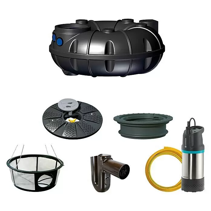 Rewatec Zisterne Neo Gartenanlage Basic - Gesamt Fassungsvermögen: 1.500 l, Schwarz - Diagonale Ansicht