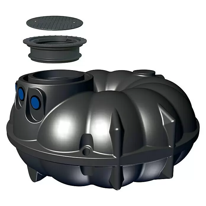 Rewatec Flachtank Neo - Gesamt Fassungsvermögen: 3.000 l, Schwarz, 250 mm hoher Domschacht - Diagonale Ansicht
