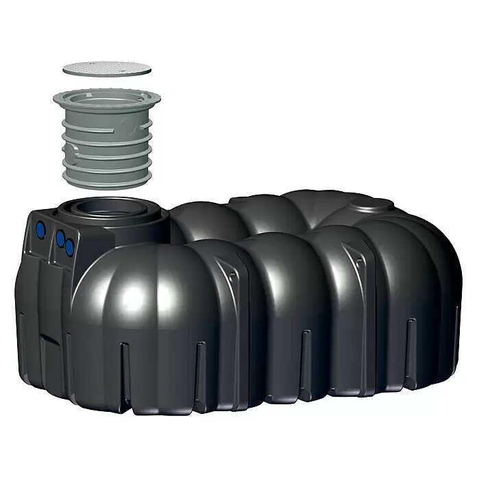 Rewatec Flachtank Neo - Gesamt Fassungsvermögen: 7.100 l, Schwarz, 635 mm hoher Domschacht - Dunkelgrauer Kunststoff-Erdtank mit separatem hellgrauem Zugangsschacht und rundem Deckel.