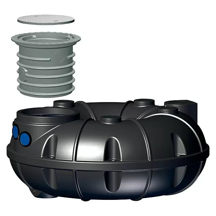 Rewatec Flachtank Neo - Gesamt Fassungsvermögen: 1.500 l, Schwarz, 635 mm hoher Domschacht - Vorderansicht