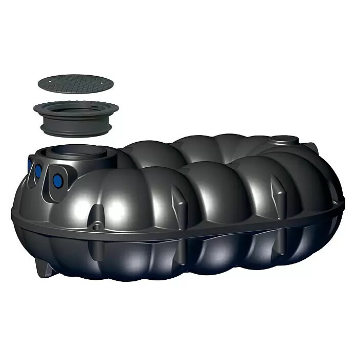 Rewatec Flachtank Neo - Gesamt Fassungsvermögen: 5.000 l, Schwarz, 250 mm hoher Domschacht - Dunkelgrauer, geriffelter Erdtank mit separater Zugangsabdeckung und Verlängerung.