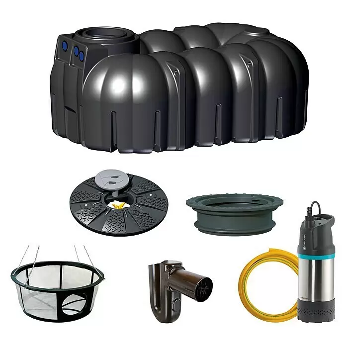 Rewatec Zisterne Neo Gartenanlage Basic - Gesamt Fassungsvermögen: 7.100 l, Schwarz - Diagonale Ansicht