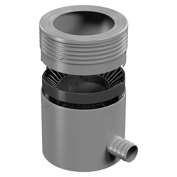 Marley Regensammler - Nennweite: 105 mm, Filter, Grau - Produktansicht eines grauen Abwasseranschlusses mit schwarzem Filter und seitlichem Schlauchanschluss für effiziente Abwasserlösungen.