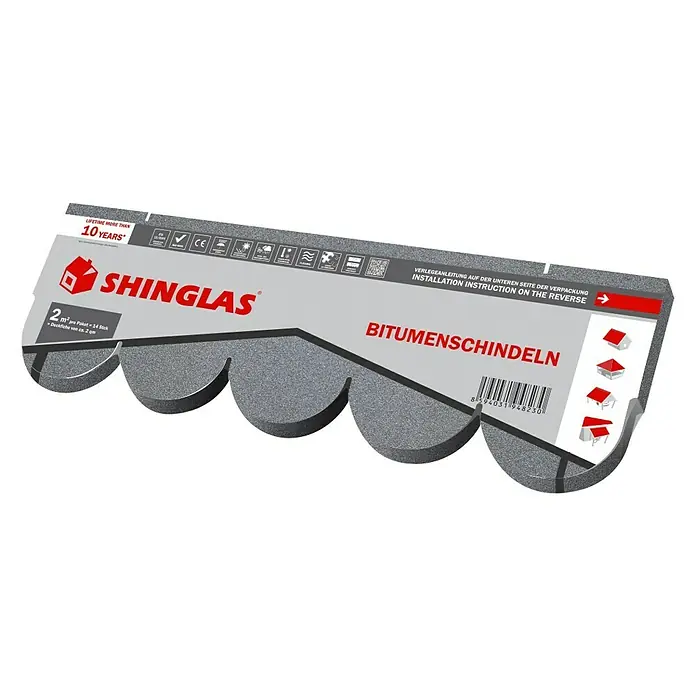 Biberschindel - Grau, 14 Stk., Bitumen - Produktbild einer SHINGLAS Bitumenschindel-Packung mit Informationen zur Installation und Haltbarkeit.
