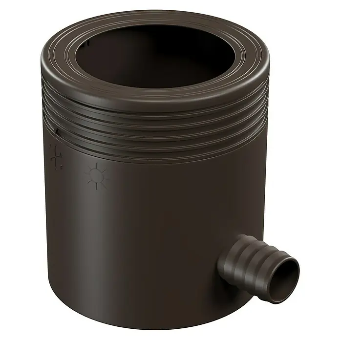 Marley Regensammler - Nennweite: 105 mm, Filter, Braun - Ein brauner Regensammler mit einem seitlichen Auslassstutzen und Markierungen zur Ausrichtung für eine einfache Installation.